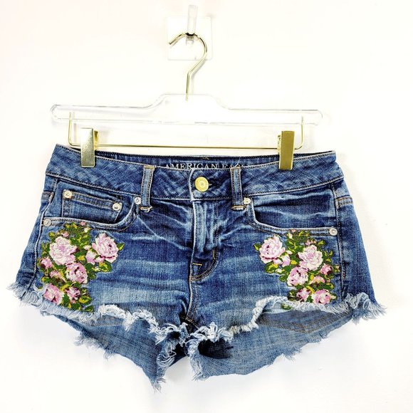 AE AMERICAN EAGLE Blue Embroidered Floral Jean Super Short Shorts 00 XS Denim - Picture 1 of 9